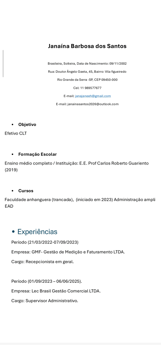 Trabalho de Recepcionista por Janaína Barbosa dos Santos em Vila Figueiredo , Rio Grande da Serra — foto 1 de 2
