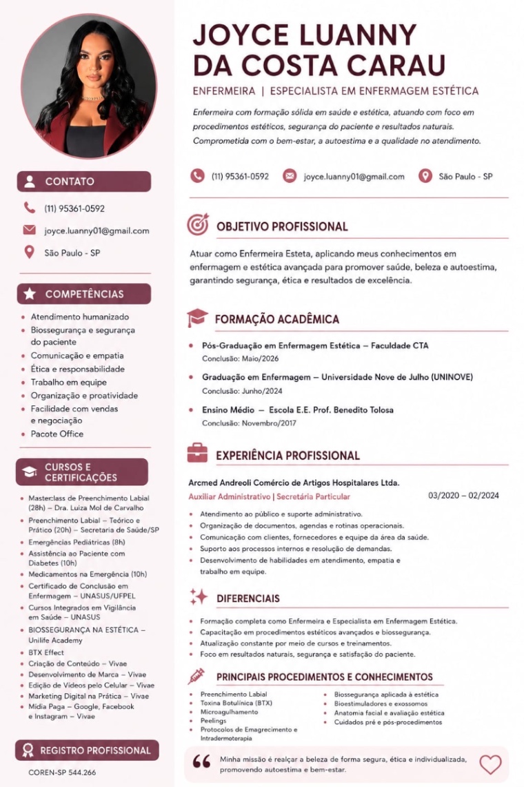 Trabalho de Enfermeira esteta por Joyce Luanny Da Costa Carau em Vila Carbone, São Paulo