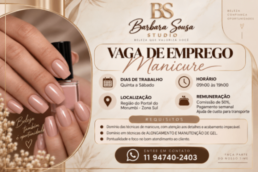 Vaga de Manicure/Pedicure - Jd Caboré - São Paulo — Studio Barbara sousa